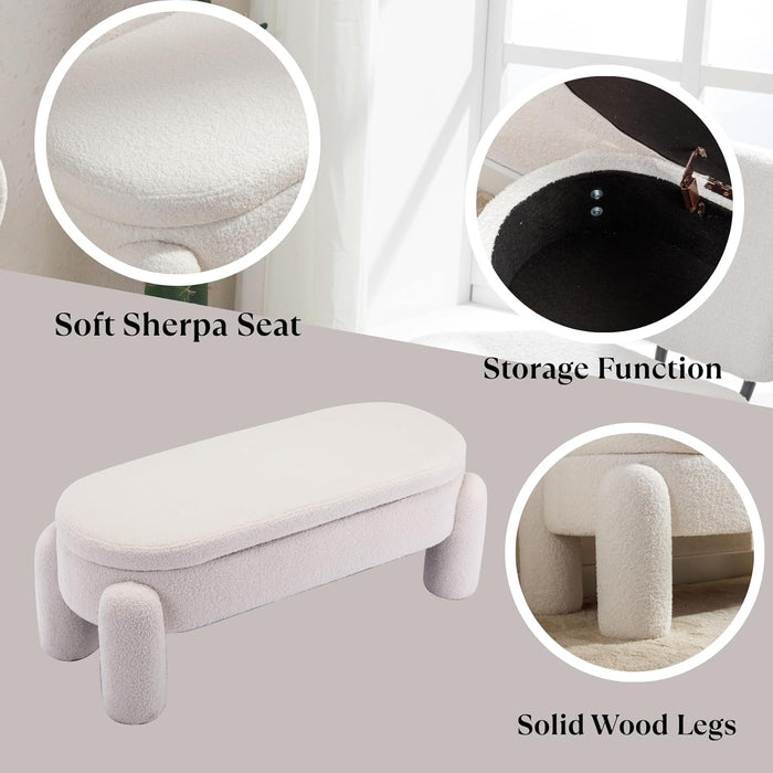 Boucle Storage Ottoman Bench, 44.7 Inches Sherpa Upholstered Storage Bench, End of Bed Bench for Bedroom Entryway Living Room, White