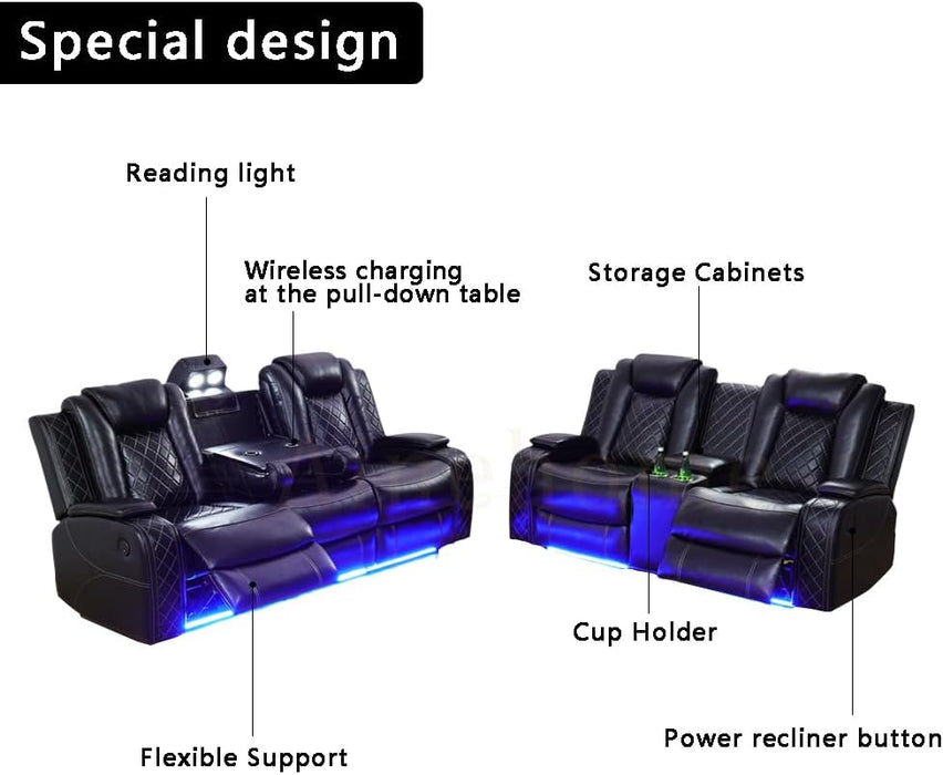 Power Leather Recliner Sofa Sets, 2 Pieces Living Room Furniture Sets with LED Lights, Grey Reclining Sofa Sets with USB Port for House/Office/Rv(C-Black, Sofa+Loveseat)