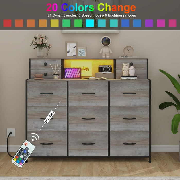 Grey Dresser with Power Outlets and LED Lights 13 Drawers Long Dresser for Bedroom Faux Leather Fabric Chest of Drawers for Living Room Hallway Entryway Closets Sturdy Frame Wood Top