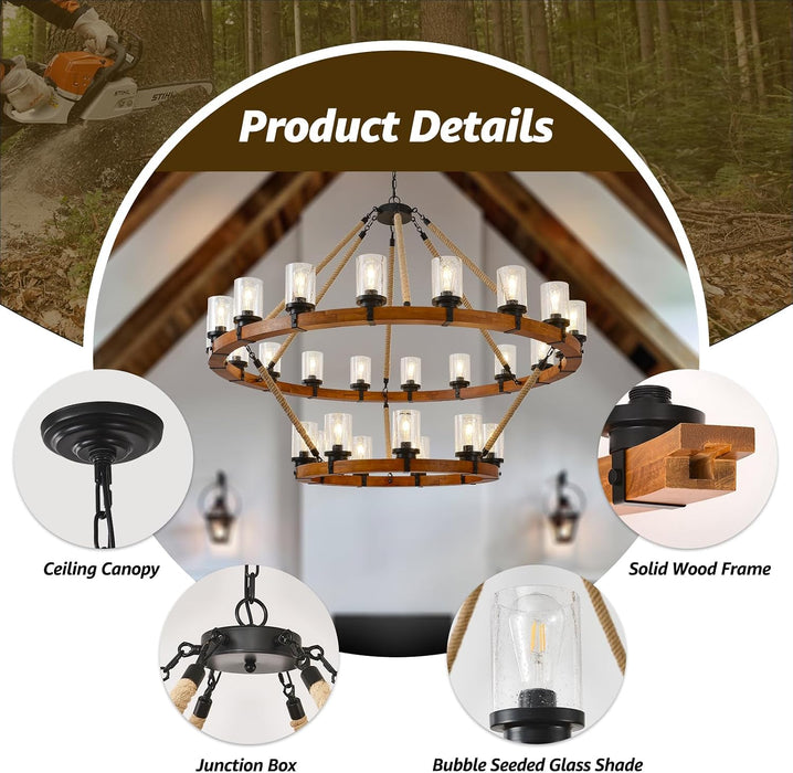 60" 2-Tier Wagon Wheel Chandelier 27-Light Extra Large Wood Chandeliers