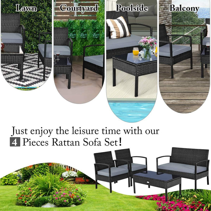 4PCS Patio Rattan Furniture Set, Outdoor Wicker Conversation Set with Tempered Glass Coffee Table, Seat Cushions, Ideal for Poolside Balcony Porch Backyard