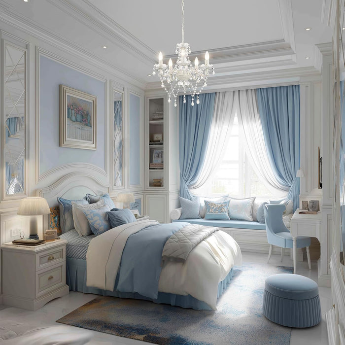 Small White 5-Light Crystal Chandelier, Modern Glass Chandelier Lighting Fixture, Small Chandelier for Bedroom, Dining Room, Living Room, Kitchen, Foyer, Girls Room Ceiling Light