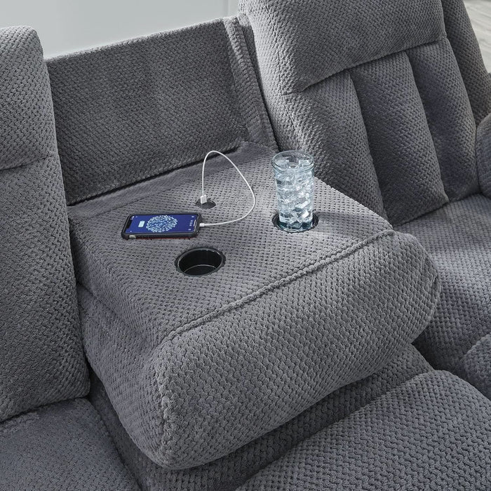 Free Wake Modern Dual-Sided Power Reclining Sofa with Drop down Table, USB Charging Port and 2 Cup Holders, Gray