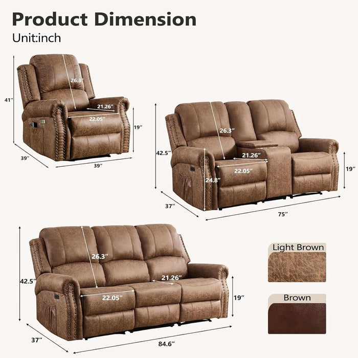 3-Piece Power Reclining Sofa Set with Rivets, Included Electric Massage Recliners, Loveseat Couch with Console and 3-Seater Recliner Sofa, Faux Leather Living Room Furniture Set, Brown