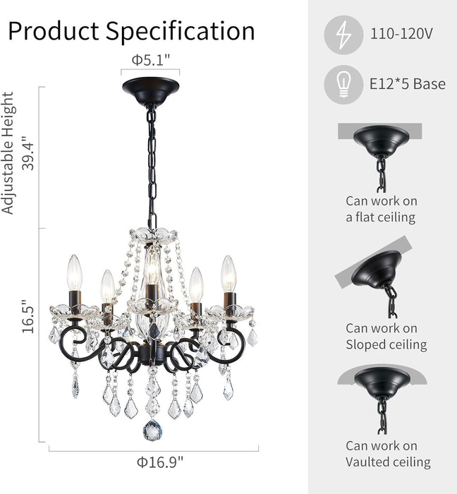 Small Crystal Chandelier, Modern Black Chandelier Dining Room Light Fixture, Mini Crystal Pendant Light for Bedroom Ceiling Light Fixture for Living Room Entryway Kitchen Island Hallway