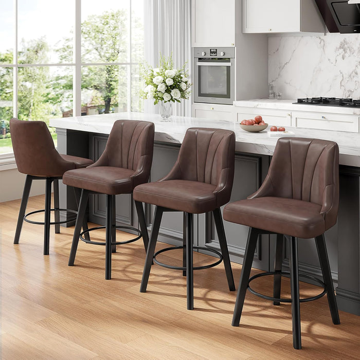 Counter Height Swivel Bar Stool, 24" Upholstered PU Leather Barstools Set of 3, Counter Stool Chair with Back & Solid Wood Legs for Kitchen Island Dining Room (Brown)