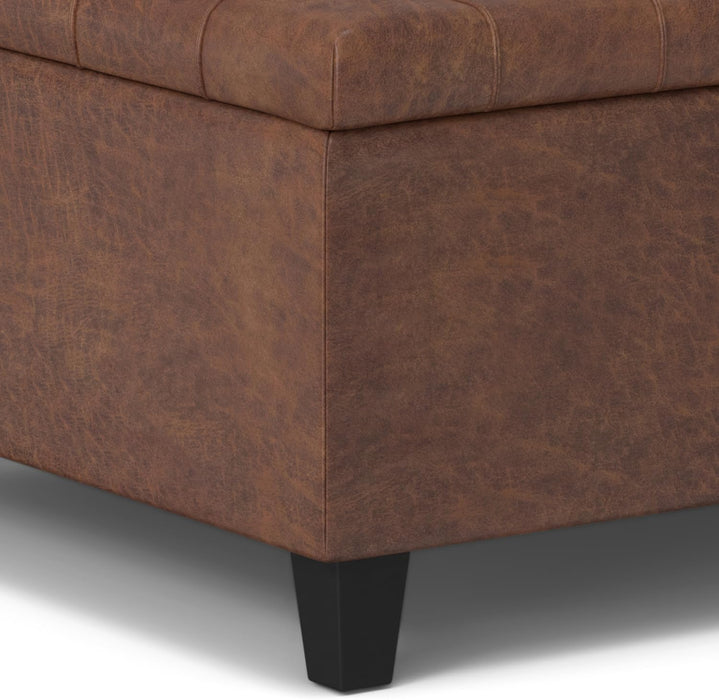 Harrison 30 Inch Wide Transitional Square Small Coffee Table Storage Ottoman in Distressed Saddle Brown Vegan Faux Leather, Assembled, for the Living Room and Bedroom
