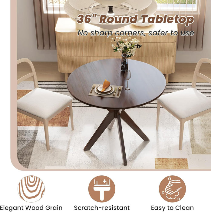 36" round Wood Dining Table, Farmhouse Kitchen Table with Intersecting Pedestal Base & Solid Rubber Wood Legs, Vintage Coffee Tables for Dinette, Small Spaces, Restaurant, Brown