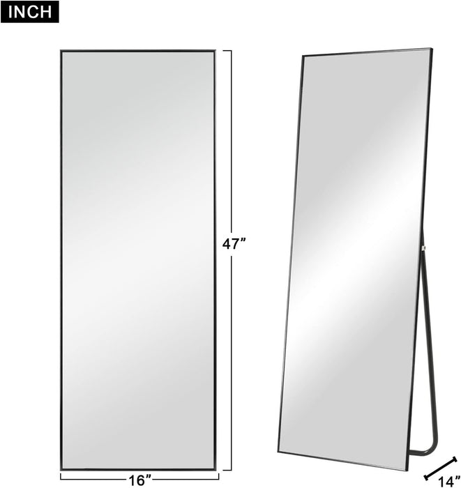 47"X16" Full Length Mirror with Standing Holder Aluminum Alloy Frame Floor Mirror Wall-Mounted Mirror for Living Room, Bedroom, Hanging or Leaning against Wall, Black (With Stand)