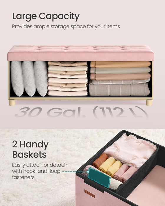 Storage Ottoman Bench, Folding Storage Chest, 15 X 43.3 X 15.7 Inches, Foot Rest Stool, 30 Gal. (112 L), Velvet Surface, for Bedroom, Entryway, Living Room, Jelly Pink ULSF0518R02