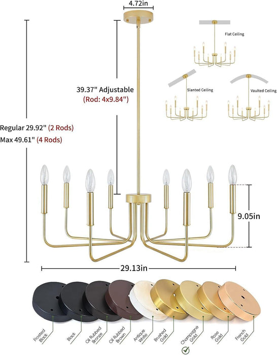 Gold Chandelier, 8-Light Farmhouse Chandeliers for Dining Room, Gold Candle Chandelier Light Fixtures for Kitchen, Living Room, Foyer, Entryway