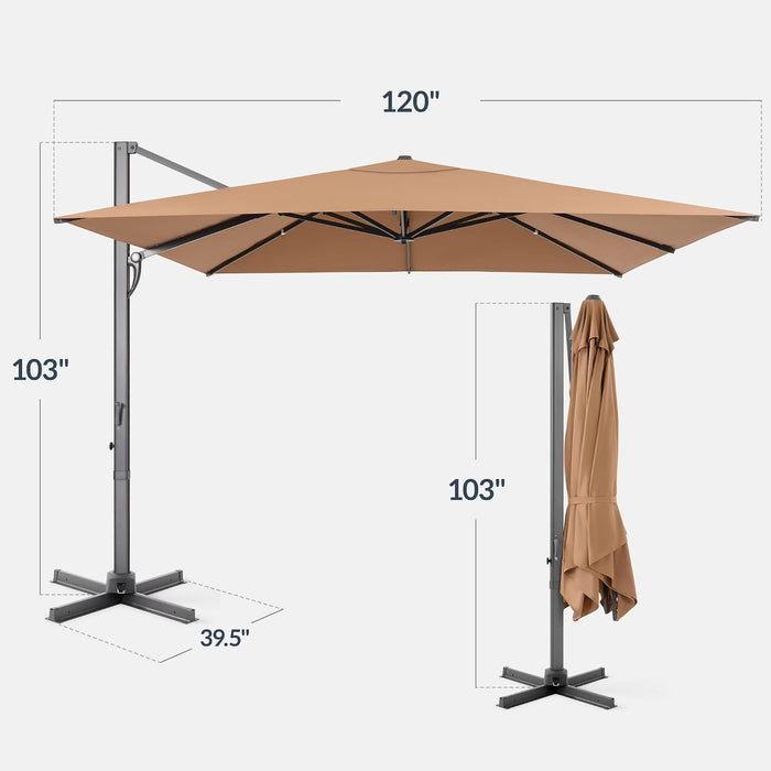 10X10Ft Cantilever Patio Umbrella, 5 Year Fade Resistant 260 GSM Canopy, Smooth Tilt Adjustment, and Aluminum Frame - Tan