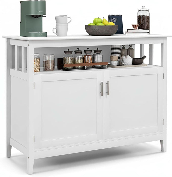 Sideboard Buffet Cabinet with 3 Storage Shelf, 45'' Farmhouse Kitchen Storage Cupboard Wood Coffee Bar Cabinet Buffet Table for Kitchen, Dining Room, Living Room & Entryway, White