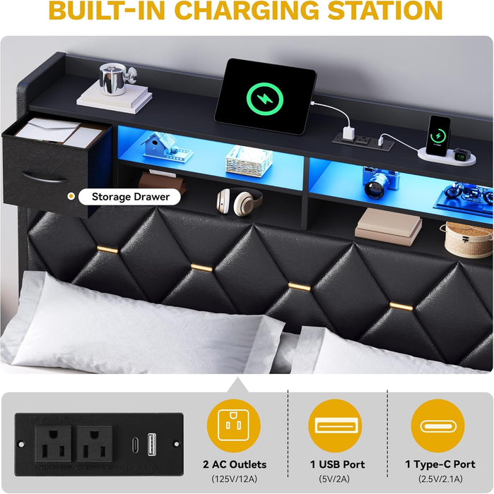 King Size Bed Frame with 2 Storage Drawers and Storage Headboard, Upholstered Platform with Charging Station and LED Light, No Box Spring Needed, Noise Free, Easy Assembly, PU Leather Black
