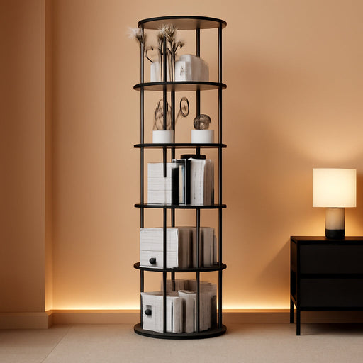 5 Tier Rotating Bookshelf, 360 ° Display Stackable Spinning Bookshelf Tower, Corner Bookshelf Tall Floor Standing Swivel Bookcase Narrow Storage Organizer for Bedroom, Living Room, Black