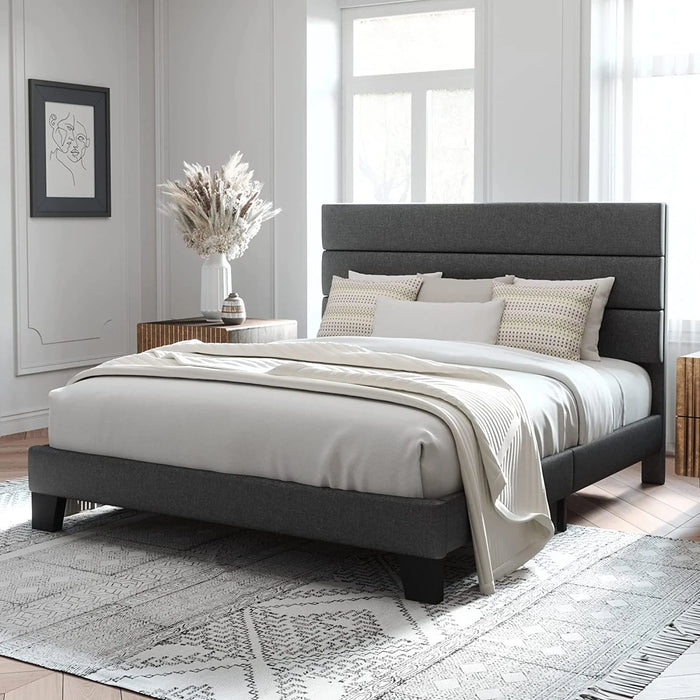 Queen Size Platform Bed Frame with Fabric Upholstered Headboard, No Box Spring Needed, Dark Grey