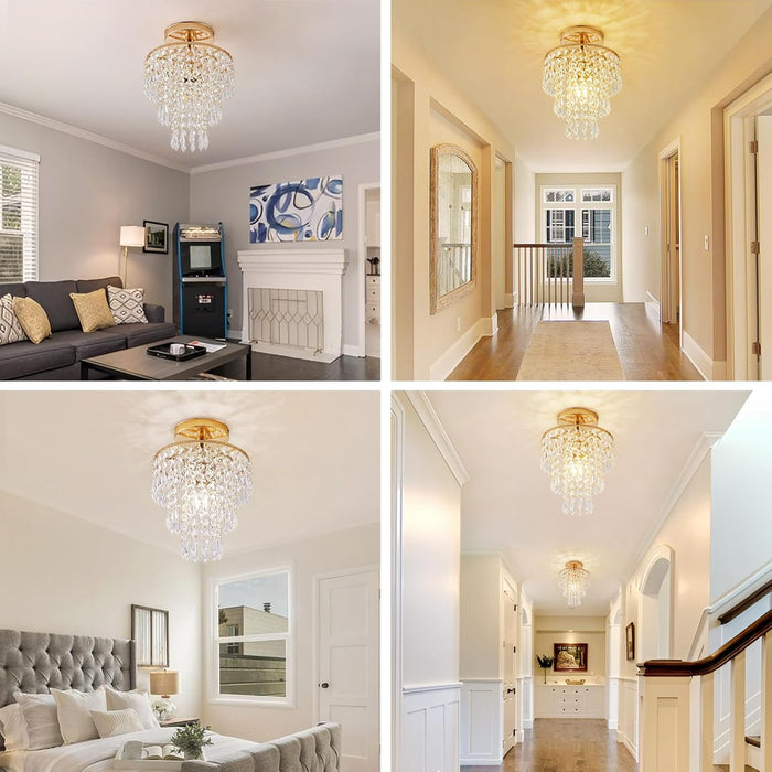 Modern Mini Crystal Chandelier, 3-Tier Raindrops Design Small Chandelier Light Fixture, Flush Mount Ceiling Light Fixture for Bedroom, Hallway, Living Room - E26 Base, Chandelier for Bedroom (Gold)