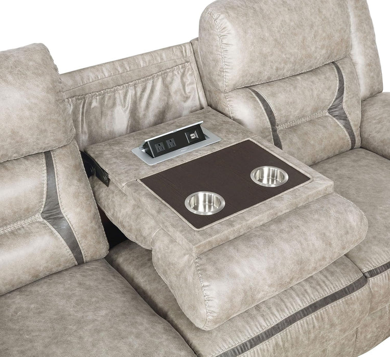 Home Furnishings - Greer - Fabric - Upholstered Motion Reclining Sofa with Drop-Down Console Stainless Steel Cupholders - Living Room - 30-Inch - Taupe - 651351