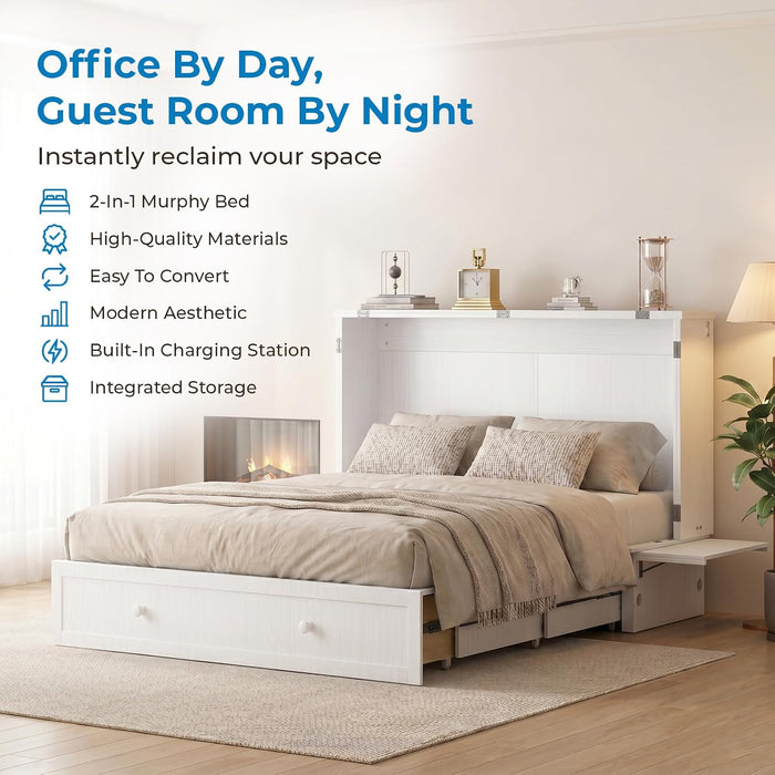 White Queen Murphy Bed Cabinet With USBChargingModule