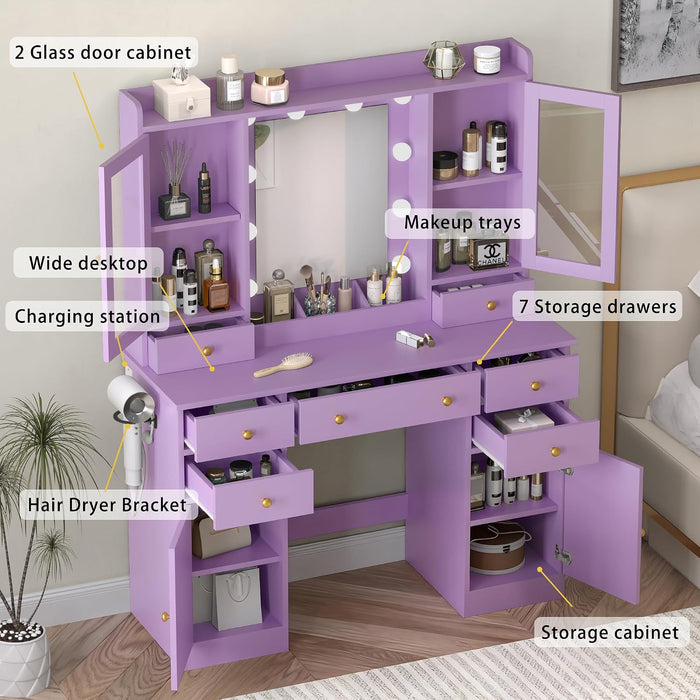Vanity Desk with Mirror and Lights, 43" Purple Makeup Vanity Set with 5 Drawers & Glass Cabinets, Makeup Tray, Power Outlet & Adjustable LED Lights, Dressing Table for Women & Girls Bedroom