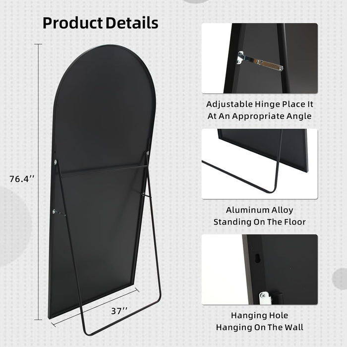 76.4"X37" Arch Full Length Mirror, Large Floor Full Body Tempered Mirror with Aluminum Alloy Frame for Living Room, Bedroom, Gym, Stand or Leaning Wall-Mounted, Black