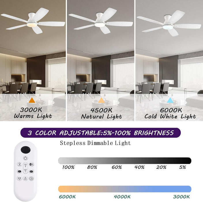 52Inch Ceiling Fans with Lights, Low Profile Ceiling Fan with Light and Remote Control/App Control, DC Reversible Motor, Noiseless, Flush Mount White Ceiling Fan for Bedroom, Indoor/Outdoor Use