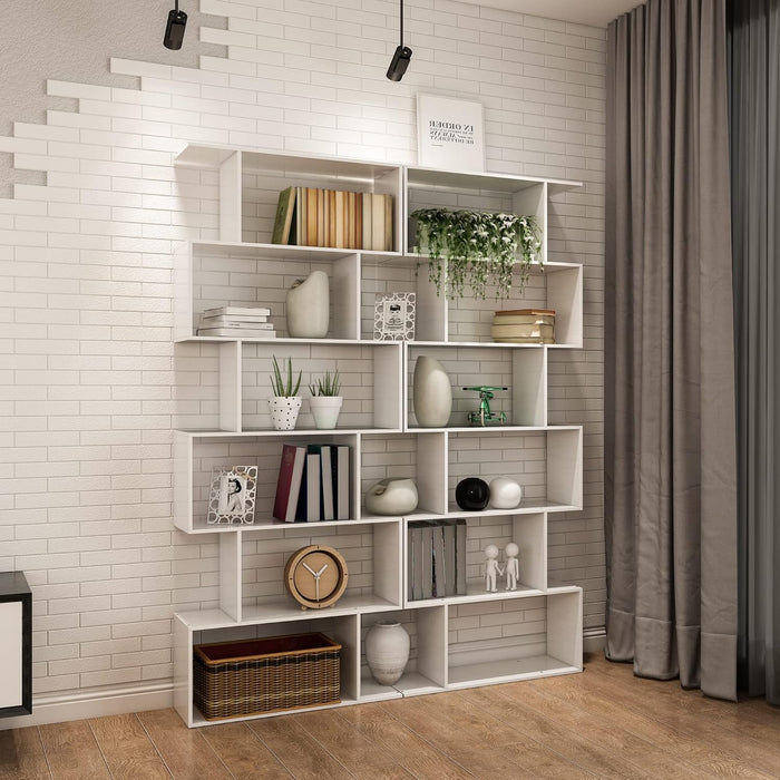 S Shaped Bookshelf, Modern Geometric Bookcase, 6-Tier White Display Case Book Shelf