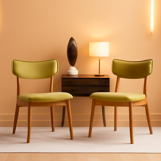 Mid Century Fabric Dining Chairs with Natural Oak Finish(Set of 2) (Green Tea)