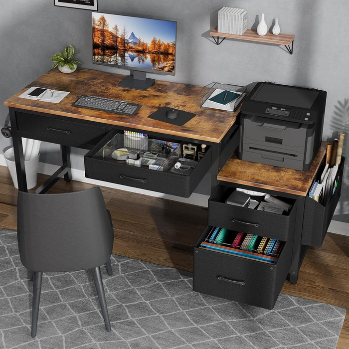 Computer Desk with Fabric File Drawers Cabinet, 57 Inch Home Office Desks with Filing Cabinet Printer Stand for Small Space, Study Writing Table PC Gaming Desks for Bedroom, Brown Black