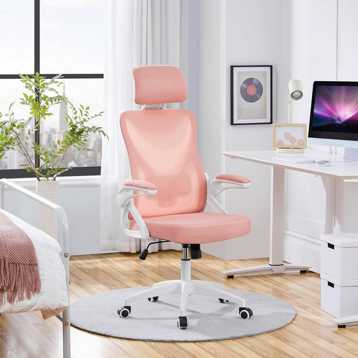 Ergonomic Office Chair, High Back Mesh Desk Chair with Flip-Up Armrests, Adjustable Headrest Computer Chair with Lumbar Support for Home Oiffce Gaming Room, White/Pink