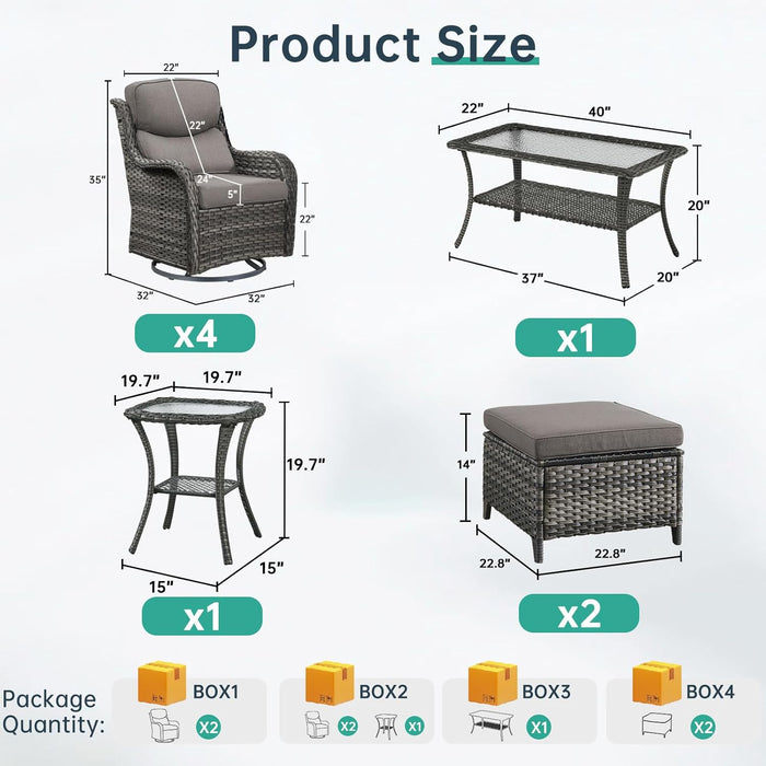 Outdoor Swivel Rocker Patio Chairs Set of 4 with Coffee Table - 5" Thick Cushion 8 Piece Furniture Set All Weather Comfortable Wicker Conversation Set for Porch Deck - Gray/Gray
