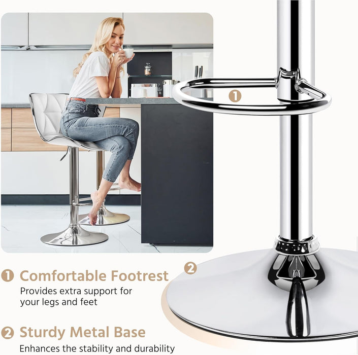 Bar Stools Set of 2, Island Chairs Shell Back, PU Leather Adjustable Barstools, Swivel Bar Chairs with Footrest for Home Kitchen, White