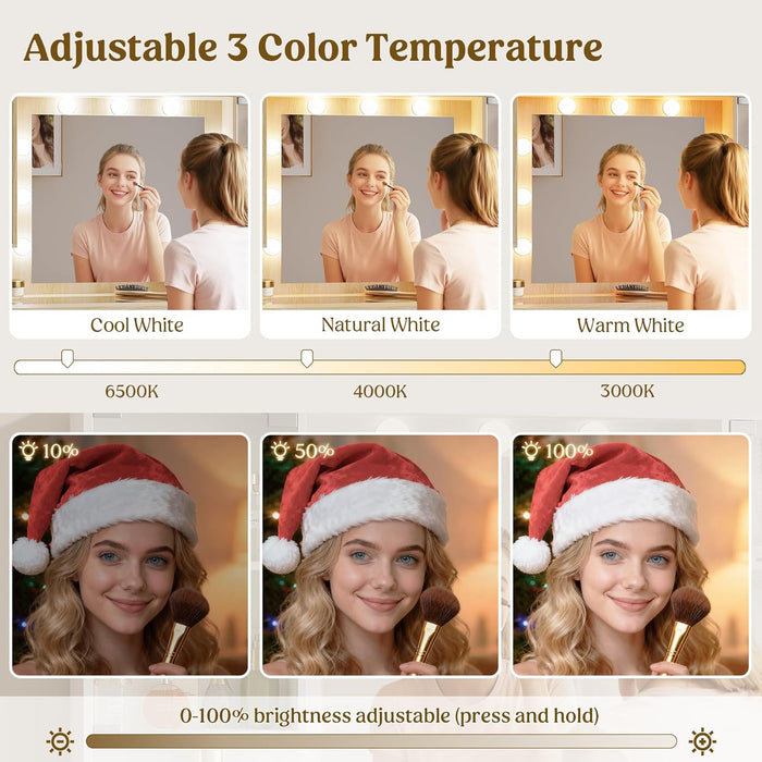 Fluted Makeup Vanity Desk with Mirror and Lights, Glass Top 48" Wood Vanities W/Charging Station , Dressing Table W/3 Drawers & 2 Large Storage Cabinets, Dustproof Organizer for Bedroom Gift(Natural)