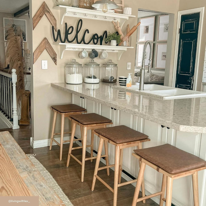 Nathan James Barker Classic Counter Height Wood Barstool with Leather Removable Cushion, Backless Island 24" Bar Stool for Kitchen, Chestnut Brown, Set of 2