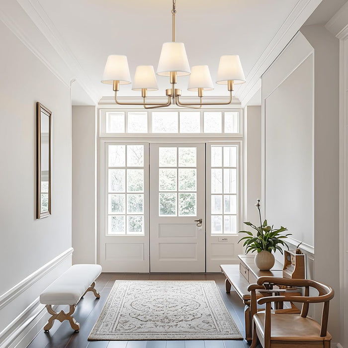 5-Light Brass Gold Dining Room Light Fixture with White Fabric Shade, 29.52In Farmhouse Chandelier Modern Antique Linear Pendant Island Light Fixture for Bedroom Foyer Cottage Kitchen over Table