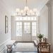 5-Light Brass Gold Dining Room Light Fixture with White Fabric Shade, 29.52In Farmhouse Chandelier Modern Antique Linear Pendant Island Light Fixture for Bedroom Foyer Cottage Kitchen over Table