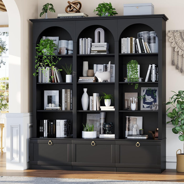71" Tall Triple Wide Bookshelf with Doors, 5-Tier Large Arched Bookcase | with Cabinets, Modern Bookcases with 15 Storage Shelves, Wood Book Shelf for Living Room, Home Office, Black