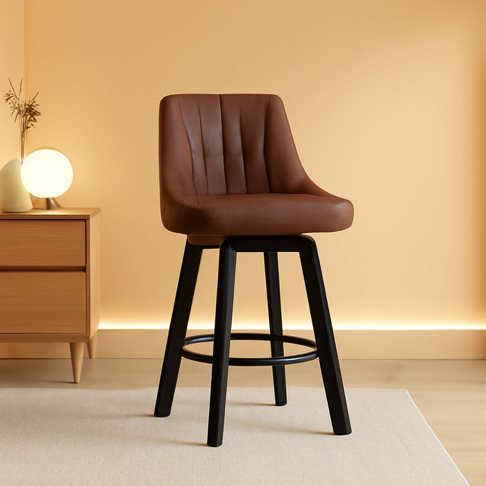 Counter Height Swivel Bar Stool, 24" Upholstered PU Leather Barstools Set of 3, Counter Stool Chair with Back & Solid Wood Legs for Kitchen Island Dining Room (Brown)