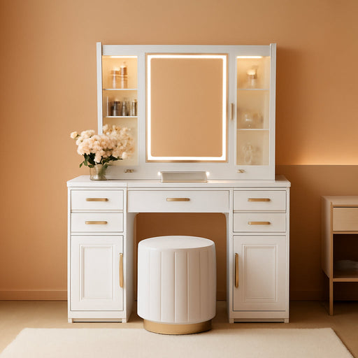 White Vanity Desk with Sliding Mirror and Lights, Women Makeup Vanity with 3 Colors Light & Power Outlet, 2 Shelves & 5 Drawers for Bedroom (043White No Bench, 42.1 * 15.75 * 57.72In)