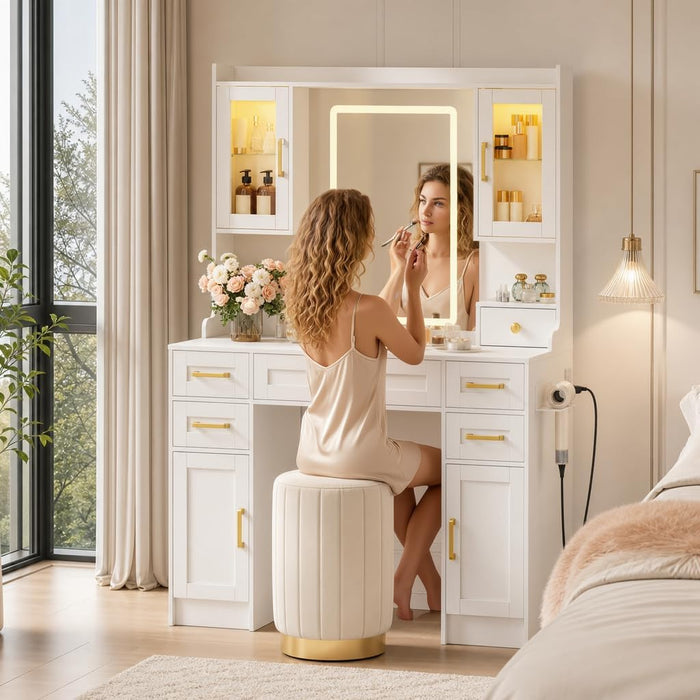 White Vanity Desk with Sliding Mirror and Lights, Women Makeup Vanity with 3 Colors Light & Power Outlet, 2 Shelves & 5 Drawers for Bedroom (043White No Bench, 42.1 * 15.75 * 57.72In)