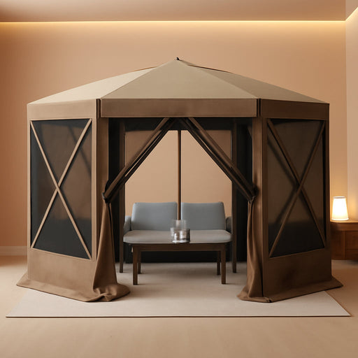 12X12Ft Pop up Canopy Tent, 6-Sided Pop-Up Gazebo Screen Tent with Mesh Windows, Outdoor Canopy Shelter Tent with Carrying Bag, Large Shade Tents for Camping, Backyard, Patio, Lawn, Brown