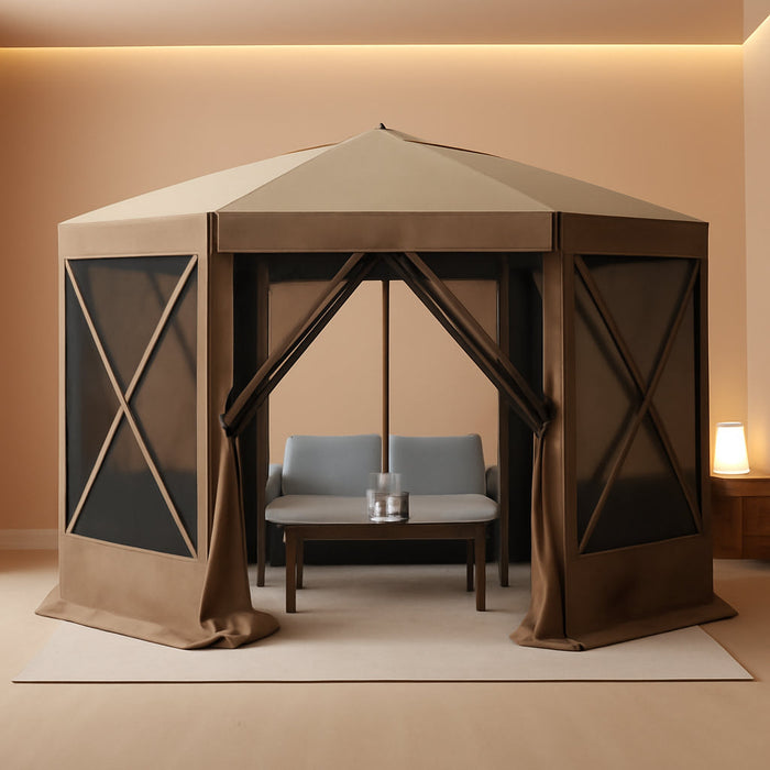 12X12Ft Pop up Canopy Tent, 6-Sided Pop-Up Gazebo Screen Tent with Mesh Windows, Outdoor Canopy Shelter Tent with Carrying Bag, Large Shade Tents for Camping, Backyard, Patio, Lawn, Brown