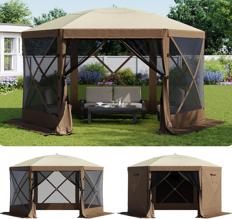 12X12Ft Pop up Canopy Tent, 6-Sided Pop-Up Gazebo Screen Tent with Mesh Windows, Outdoor Canopy Shelter Tent with Carrying Bag, Large Shade Tents for Camping, Backyard, Patio, Lawn, Brown