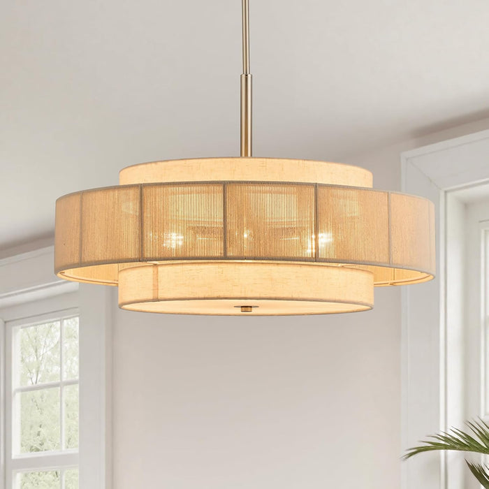 23.6-Inch Rattan Drum Chandelier 6-Light Nickel Finish