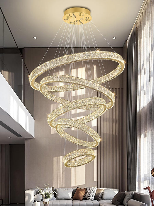 Modern Gold Ring Chandelier for High Ceiling Foyer,Large Crystal Chandelier for Staircase Villa D8''+15.7"+23.6"+31.5"+39.4"