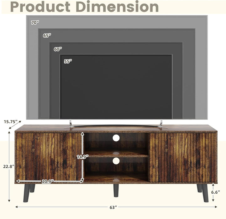 63'' Fluted TV Stand for 70 Inch TV, Modern Entertainment Center with Sliding Doors & Storage Cabinet, Mid Century Media TV Console for Living Room, Brown