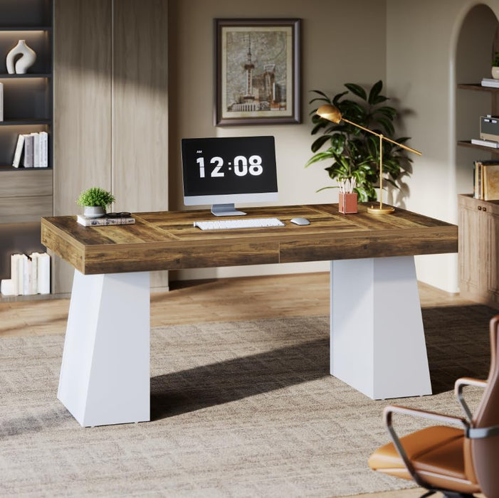 55-Inch Executive Desk, Large Wood Office Computer Desk with Double Pedestal, Modern Minimalist Workstations Writing Table Conference Table Furniture for Home Office, Brown&White