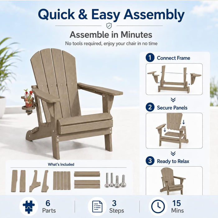 Folding Adirondack Chairs Set of 6 with Cup Holders, Heavy Duty HDPE Plastic Outdoor Chairs, Weather Resistant Heavyweight Patio Furniture Set for Deck, Fire Pit, Backyard, Brown