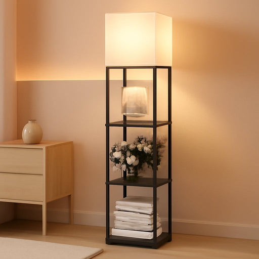 Floor Lamp with Shelves, Modern Square Standing Lamp with 3 Color Temperature Bulb, Corner Display Bookshelf Lamp for Living Room and Bedroom(Black)