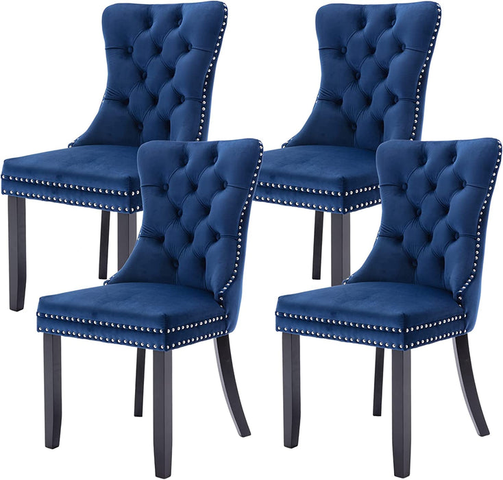 Tufted Dining Chairs Set of 4, Velvet Upholstered Dining Chairs with Nailhead Back and Ring Pull Trim, Solid Wood Dining Chairs for Kitchen/Bedroom/Dining Room (Blue)